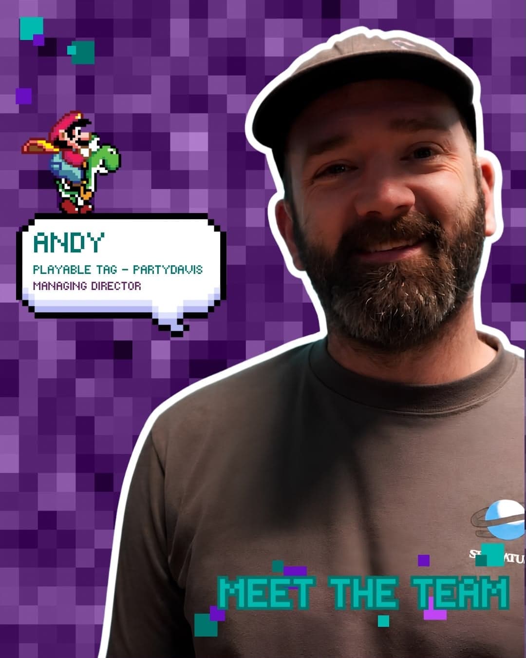 Andy smiling, on a purple pixel-art PlayAble team card.
