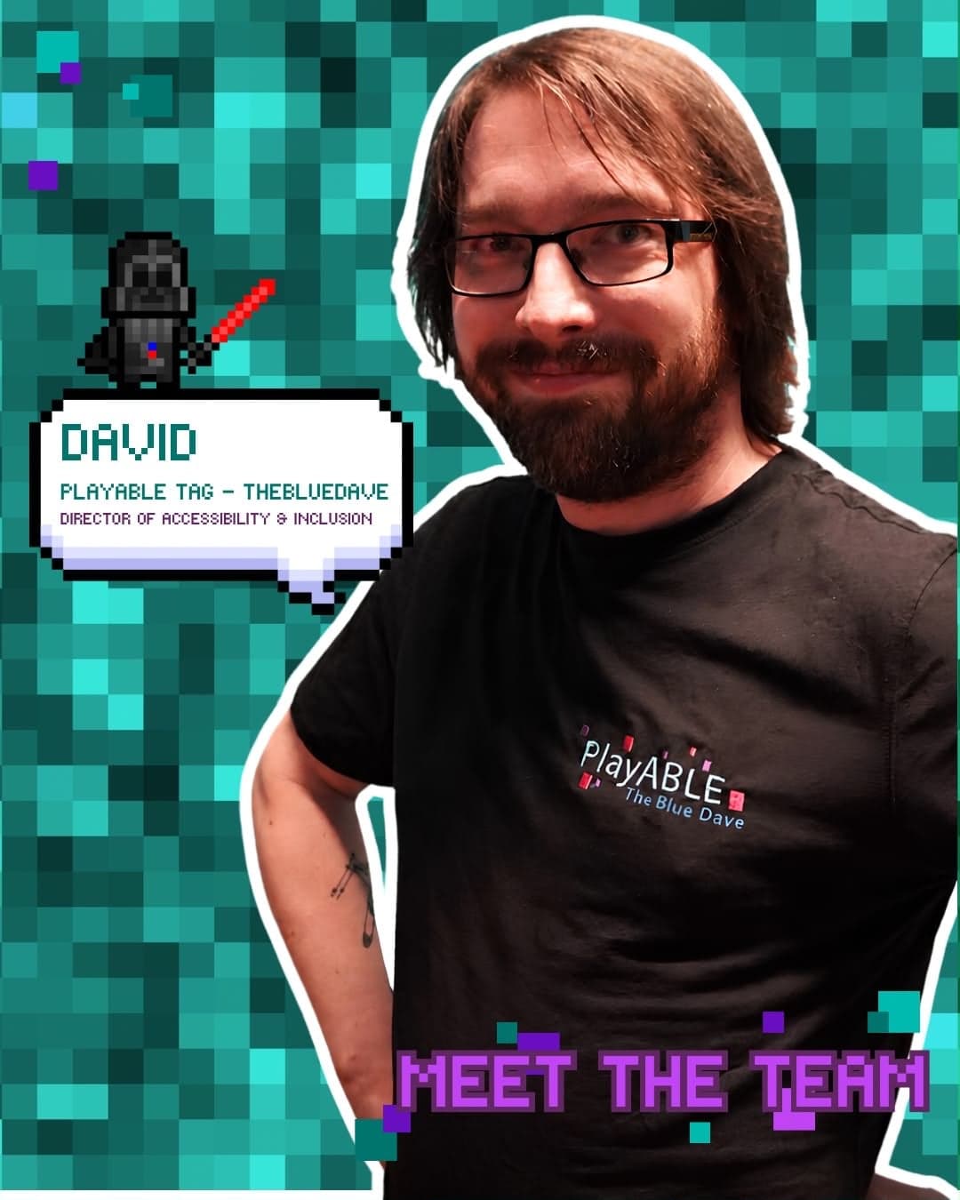 David smiling, on a teal pixel-art PlayAble team card.