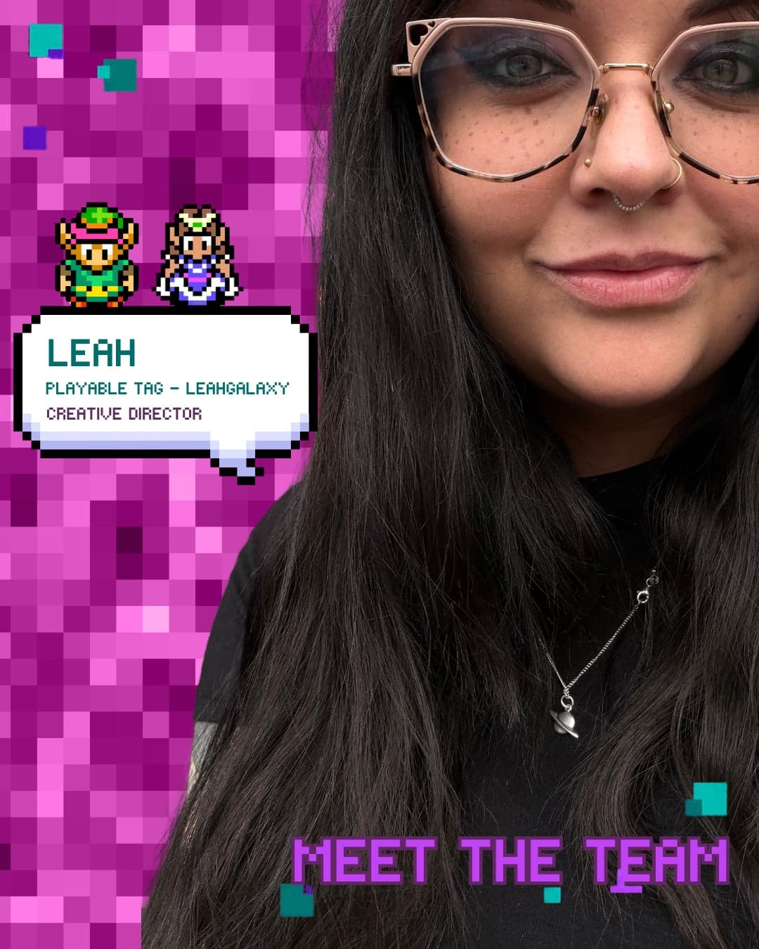 Leah smiling, on a magenta pixel-art PlayAble team card.