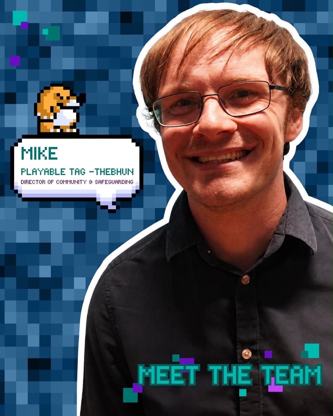 Mike smiling, on a blue pixel-art PlayAble team card.